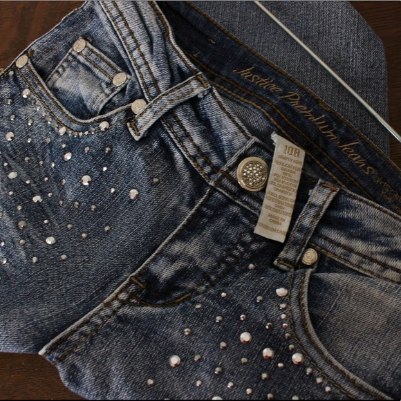 JUSTICE Distressed Bling Rhinestone Faded Blue Jeans 10R - Picture 7 of 10